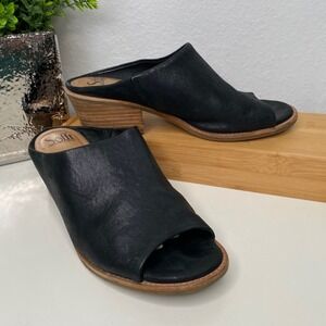 Sofft Aneesa Black Leather Peep Toe Slides Stacked Block Heel Sandals Size 9.5